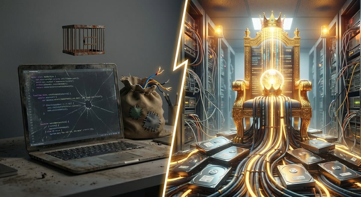 Split image showing code as cheap commodity on left with dusty cracked laptop versus data as king on right with golden throne surrounded by glowing servers and hard drives