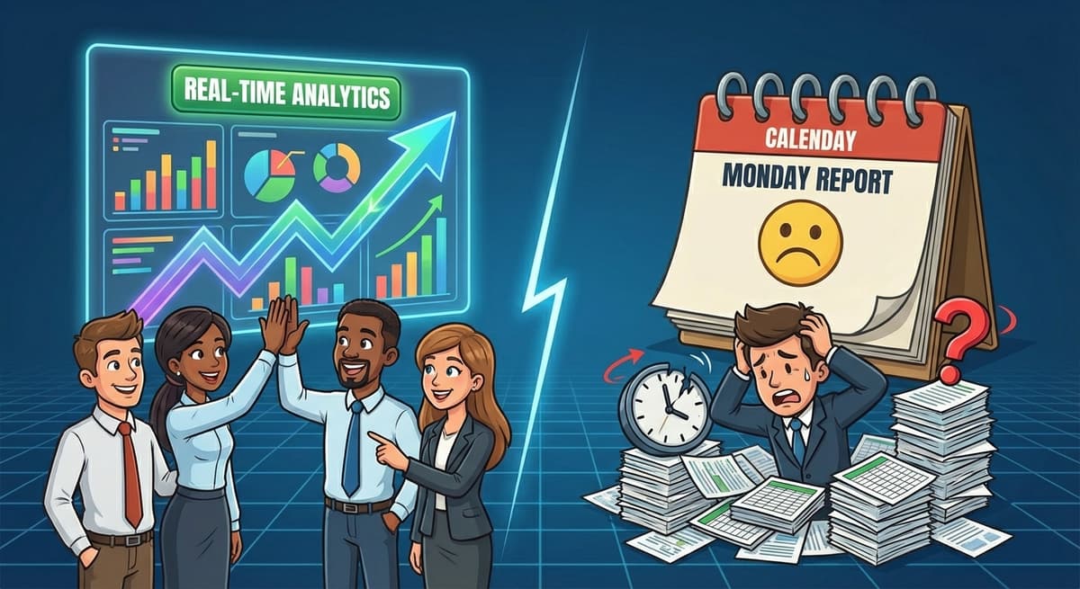 Comparison showing happy team with real-time analytics dashboard versus stressed worker overwhelmed by Monday report paperwork