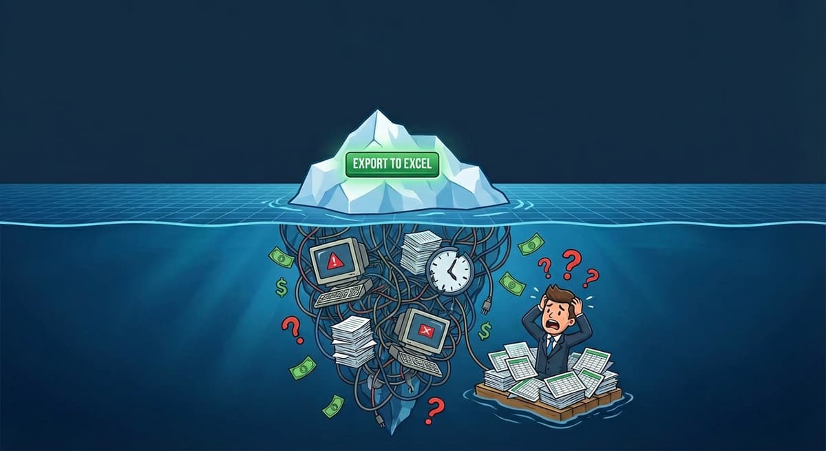 Iceberg illustration showing Export to Excel button above water with hidden chaos of tangled cables, spreadsheets, and frustrated worker below