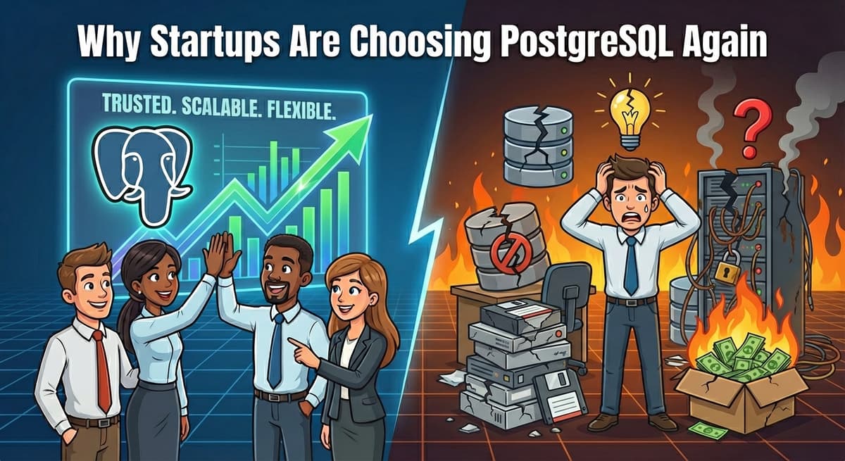 Split illustration comparing PostgreSQL success with happy team and growth charts versus database chaos with frustrated developer, burning servers and wasted money