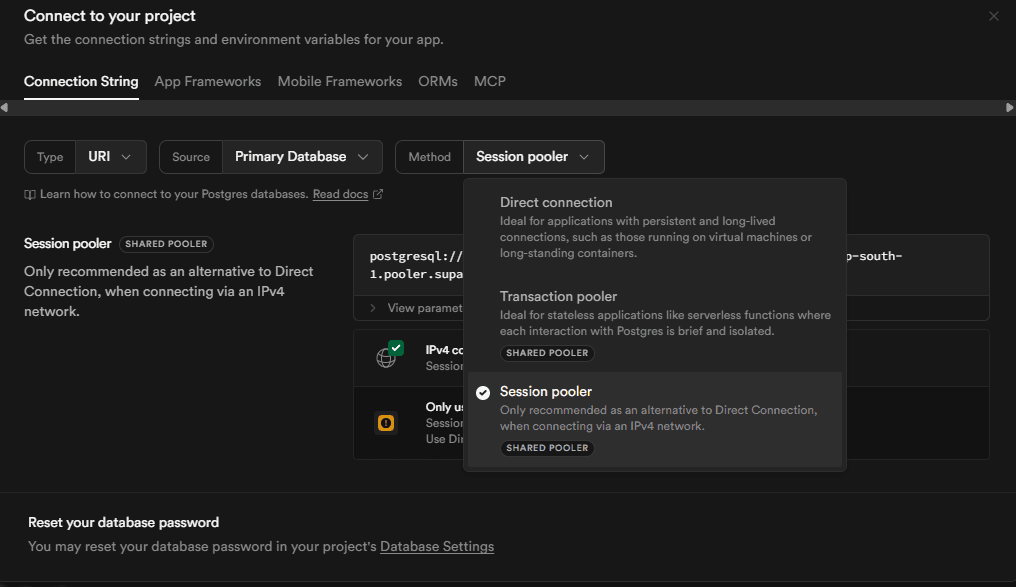 Supabase Session Pooler Selection